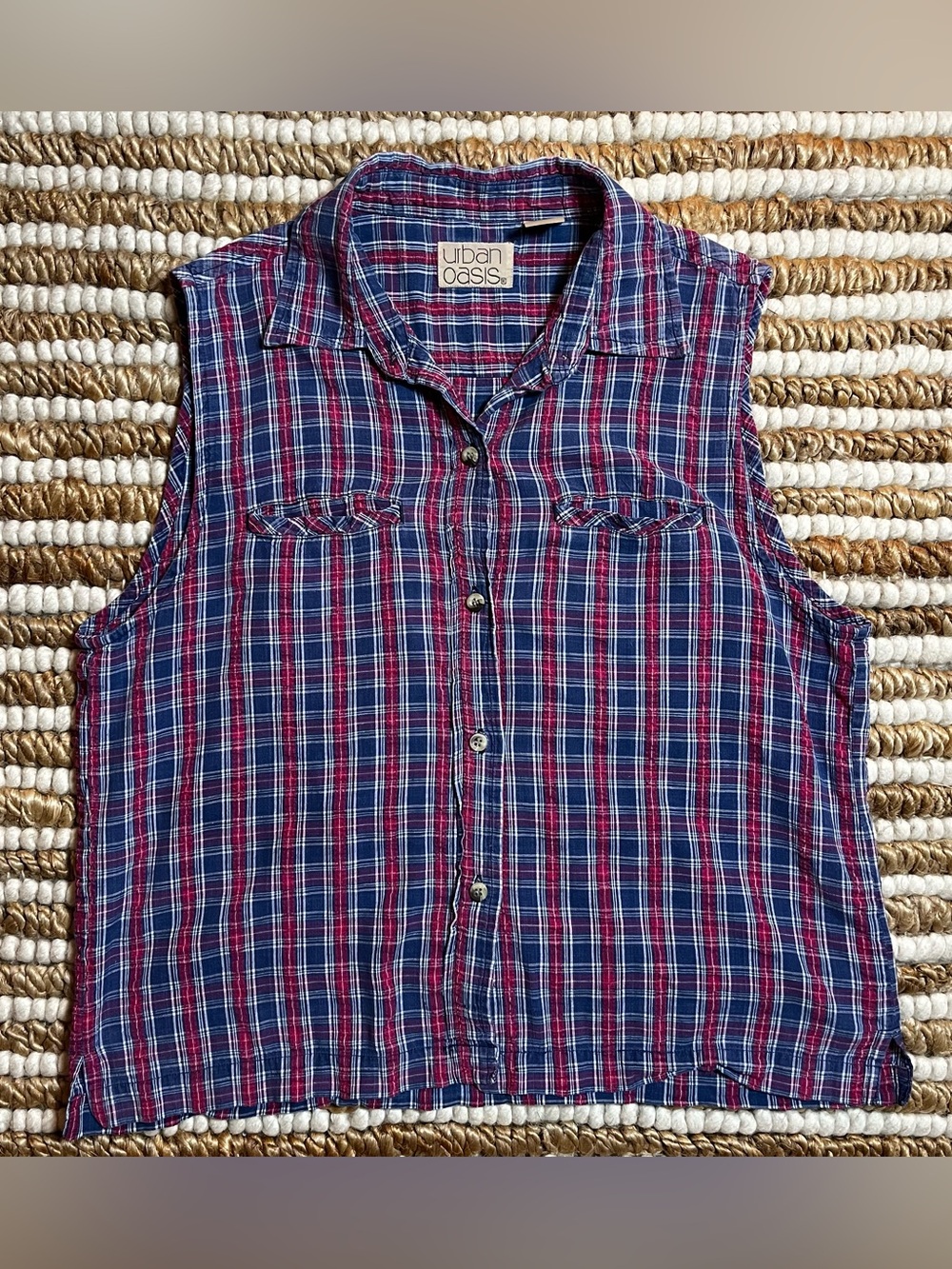Vintage Urban Oasis Sleeveless Plaid Button-Up Blue & Red